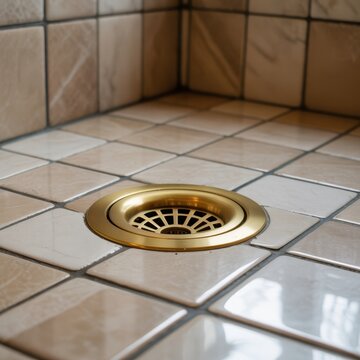 Modern golden shower drain in a tiled bathroom floor