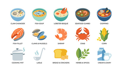 Fototapeta premium Seafood and cooking icons of dishes on white background