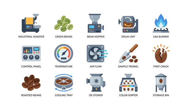 Coffee roasting process icons showing equipment on white background