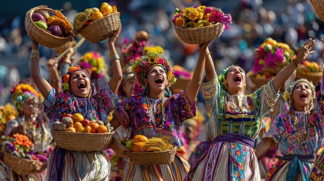 Group of performers throwing fruit and gifts to the crowd, Guelaguetza tradition, baskets in the air, joyful expressions, saturated festive colors, cultural realism