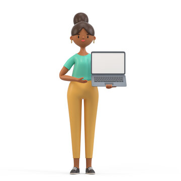A woman stands holding a laptop with a blank screen