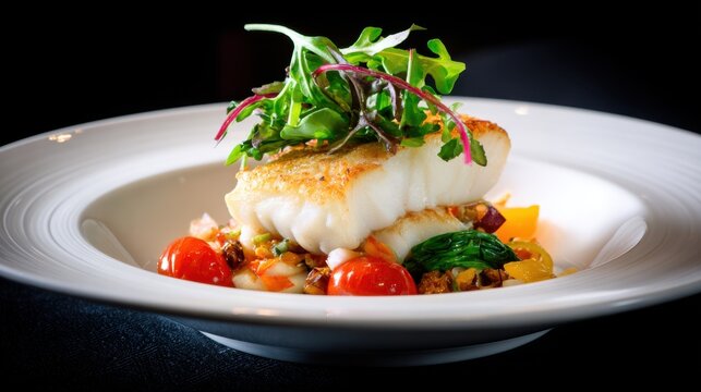 A beautifully plated fish dish garnished with greens and served with colorful vegetables