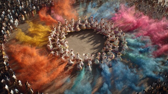 Guelaguetza dancers forming a circle, communal movement, explosion of traditional colors, authentic indigenous celebration, cinematic realism