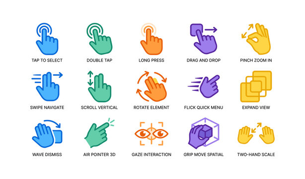 Set of gesture icons showing touch and motion interactions grid