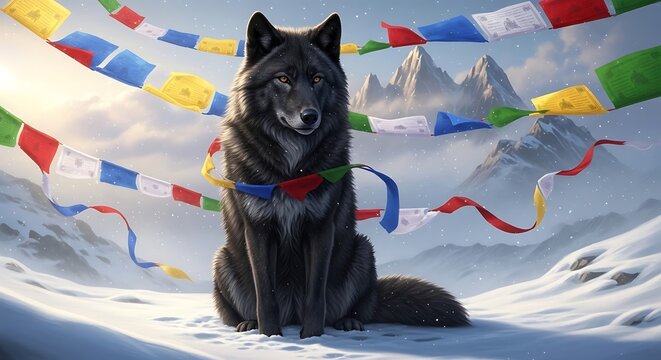 Black Wolf Sitting in Snowy Mountain Landscape with Prayer Flags