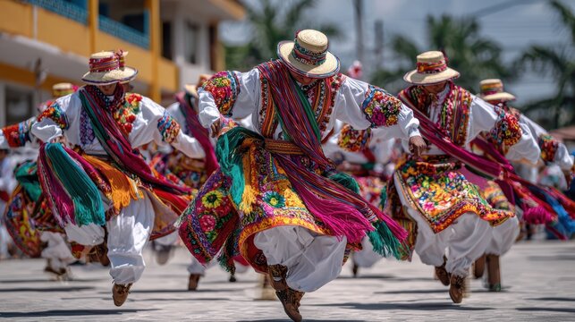 Male dancers in traditional costume performing rhythmic steps, colorful sashes and hats, Guelaguetza festival energy, sharp realism