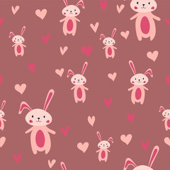 Fototapeta premium Adorable seamless pattern with cute bunnies on red background, playful nursery design for baby products.