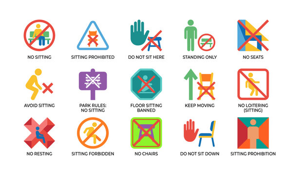 No sitting icons indicating prohibition and standing rules in parks