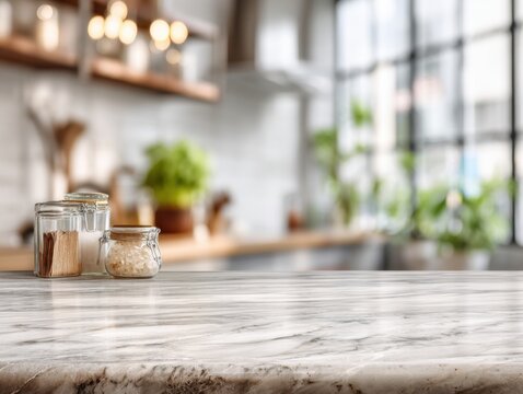 Clean marble countertop in modern kitchen. Soft bokeh highlights background decor. Wood shelves hold jars and greenery. Large window lets in natural light. Sleek, minimalist design enhances space