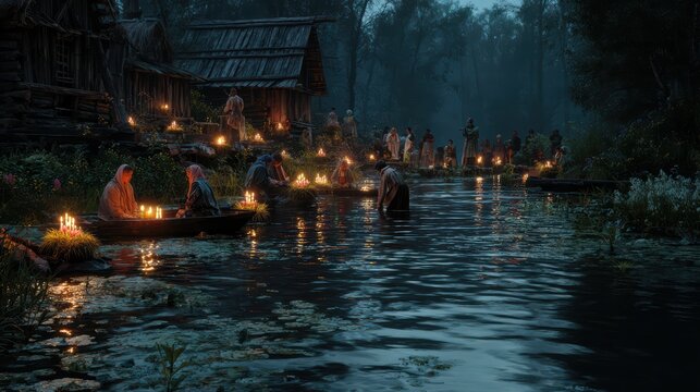 People washing hands and faces in river at night, Ivan Kupala purification ritual, candlelight nearby, mystical realism