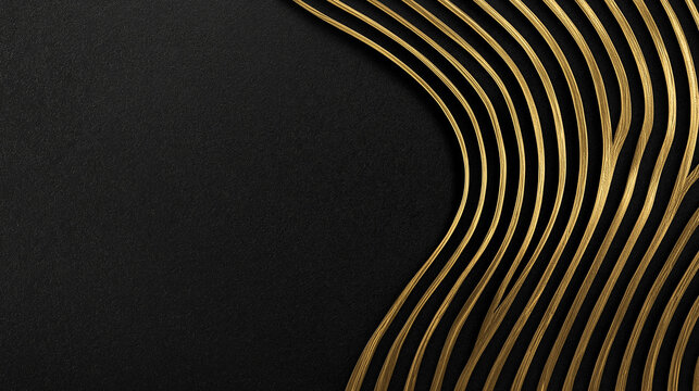 Curving parallel golden lines gracefully emerge from a dark textured surface, creating a dynamic and luxurious abstract background.