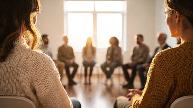 Support group&nbsp;therapy session with diverse people sitting in circle in a warm sunlit room,  mental health and community support concept