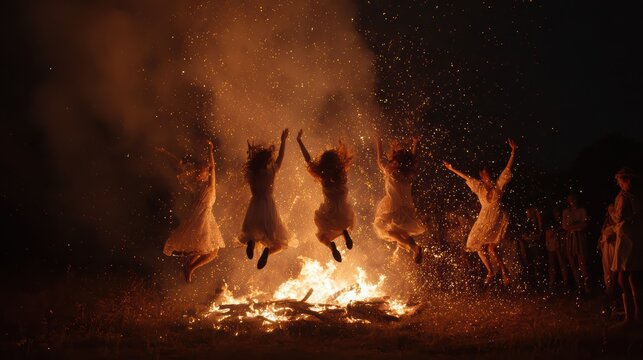 Small group of people jumping over a bonfire during Ivan Kupala night, sparks flying, traditional pagan atmosphere, intense firelight on faces, summer night realism