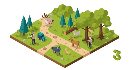 Isometric illustration of forest ecosystem with diverse wildlife and human interaction. © PUTRI