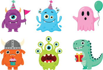 Cute cartoon monsters with party hats, gifts, and funny expressions, colorful fantasy creature set for kids design, birthday themes, stickers, and playful illustrations © MdRazaul