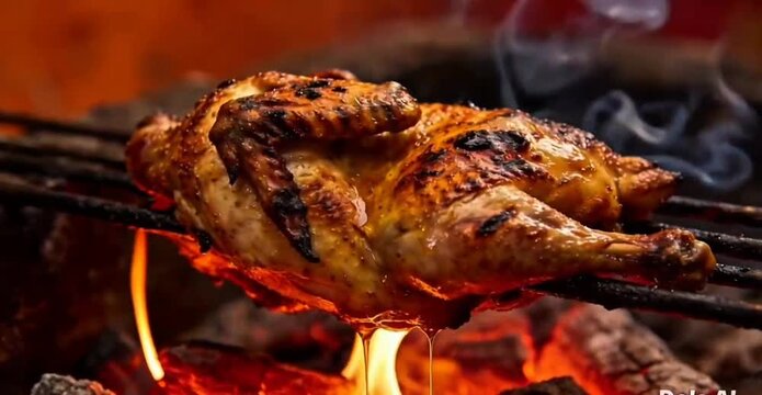 Close-up cinematic view of whole chicken being grilled over burning charcoal and flames. The scene captures the intense heat, glowing embers, and rising smoke, creating a dramatic and appetizing atmos