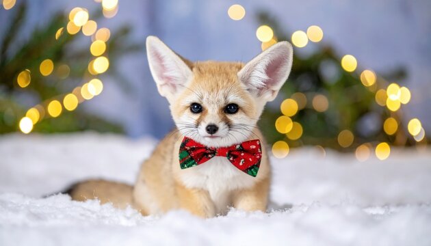 Adorable Fennec Fox Pup with Festive Bow Tie in Winter Setting.