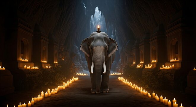 Mysterious Elephant Walking in Candlelit Cave Temple