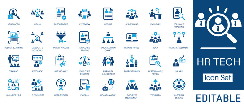 HR tech and recruitment solid icon set. Featuring hr analytics, skill mapping, job searching, hiring, and interviews. Vector icons for presentations, reports, and pitch decks.