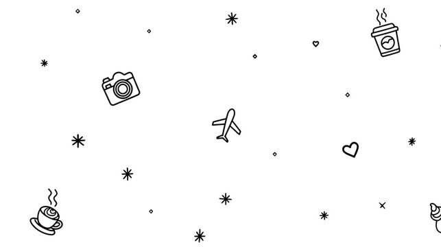 Minimalist Black and White Travel Doodles. Seamless Pattern of Airplane, Camera, Coffee, and Heart Icons on White Background.