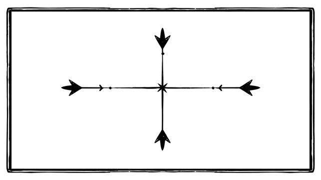 Vintage style four-way directional arrow symbol. Black and white illustration for focus, direction, expansion, or navigation.