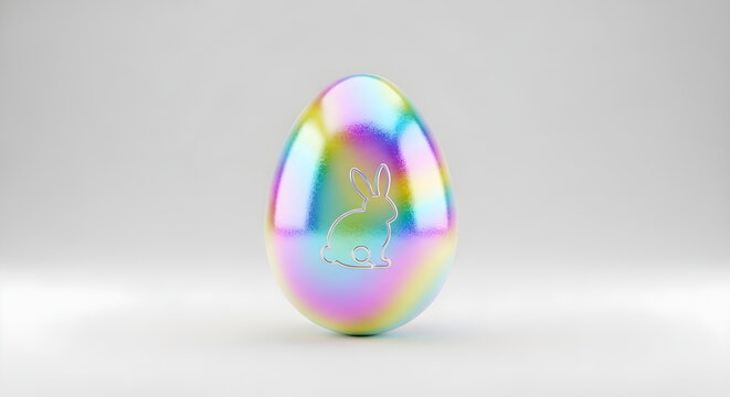 Iridescent Holographic Easter Egg with a Minimalist Bunny Outline