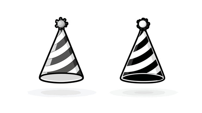 Black and white striped party hats vector illustration. Festive celebration cone hats with pom-poms for birthdays and events.
