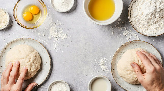 Hands kneading dough on light background with full baking ingredient setup
