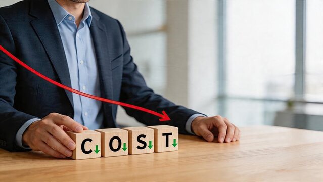 Businessman lowering costs red arrow down trend on wooden blocks with cost text green arrow decreasing finance expense management in modern office environment
