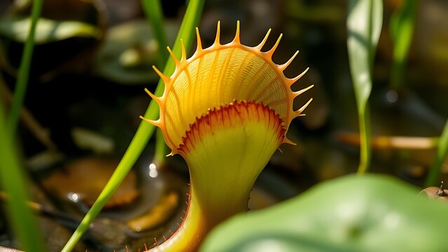 A Venus flytrap with its sealed leaf chamber in a swamp, macro view.