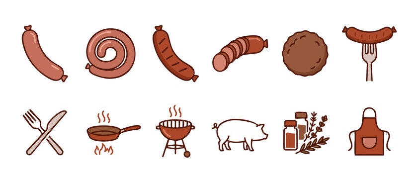 Sausage and Grill Icons Set, Meat Products and BBQ Cooking Tools Collection for Restaurant Menu Design, Outline Vector Illustration Style on White Background for Culinary Graphic Projects and Food Lab