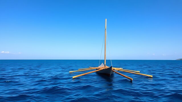 A traditional Polynesian canoe with outriggers on a calm blue sea.