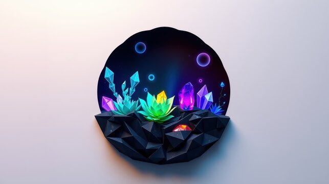 Vibrant crystals, plant life atop dark polygonal platform. Bubbles float within circular backdrop. Dramatic lighting creates striking visual.