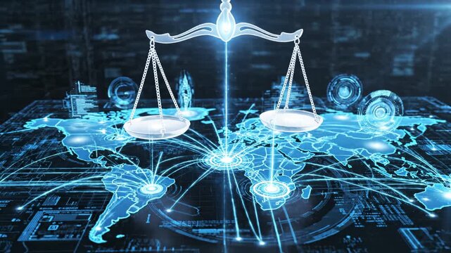 Digital scales over world map highlighting artificial intelligence and digital evolution