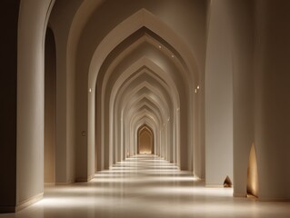 Fototapeta premium Long hallway features elegant arches and warm lighting. Soft illumination enhances architectural symmetry and depth. Polished floor reflects ambient glow and enhances serene atmosphere