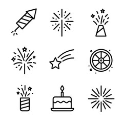 Fototapeta premium Festive fireworks and celebrations icons on a gray background