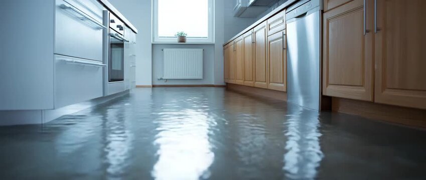 Kitchen partially submerged in water, with sunlight reflecting off rippling surfaces. home damage, disaster, and environmental impact.