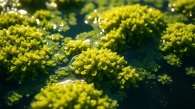 Dense green algae clumps floating in clear pond water, sunlight highlighting texture.