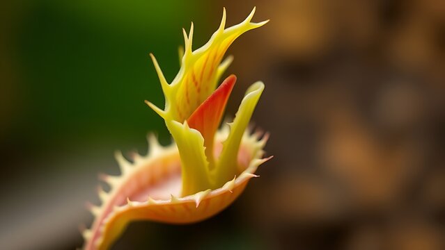 Venus flytrap with leaves partially closed, resembling a tensed mechanism.