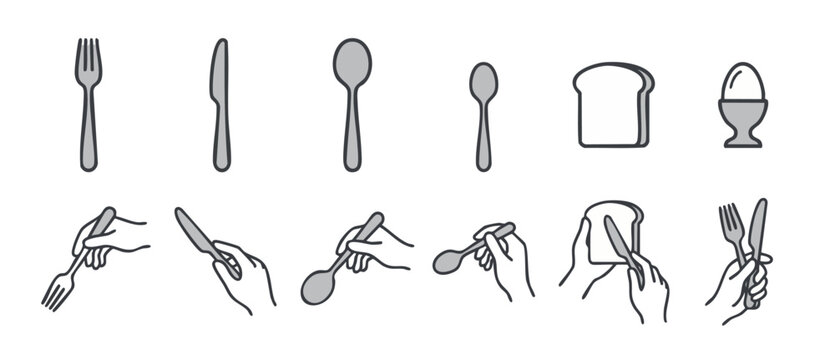 Cutlery and Tableware Icons Set with Hands Holding Utensils for Dining Etiquette Guide, Breakfast Bread and Egg Illustration for Restaurant Menu Design, Minimalist Flat Vector Graphic Style Elements