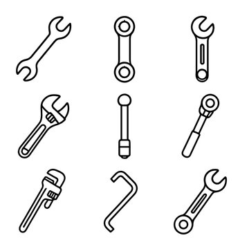 Set of outline wrench icons on dark background for tools and repair themes