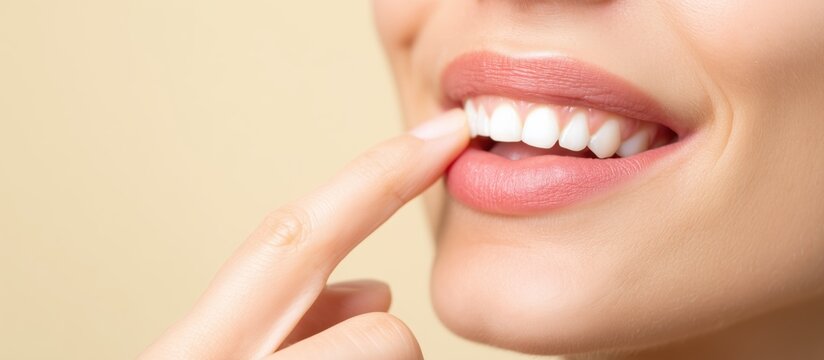 Woman touching perfect white teeth smiling close up for dental banner ad, oral hygiene and cosmetic dentistry service promotion with healthy smile and copy space