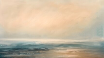 Naklejka premium Soft brushstrokes create an ethereal landscape featuring a horizon line between a hazy sky and a calm water surface.
