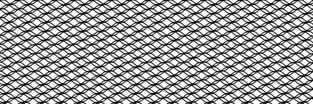 Seamless repeating geometric pattern of black and white squares, creating a visual texture reminiscent of fabric or chainmail, suitable for backgrounds and design elements