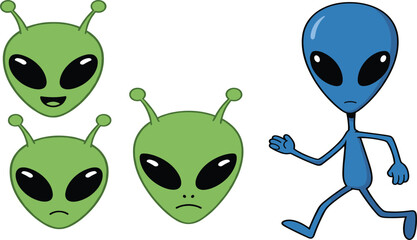 Cute Alien Faces and Character Vector Set Featuring Green and Blue Extraterrestrial Cartoon Creatures with Different Expressions for Sci Fi Illustration and Kids Design Projects.