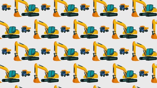 Construction Dump Truck and Excavator Seamless Pattern Background, heavy machinery and building site concept.