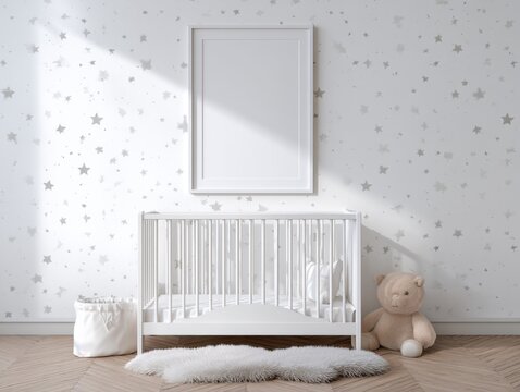 Cozy nursery with white crib and star-patterned walls. Blank framed poster hangs above the crib. Soft rug and stuffed bear complete the scene. Natural light casts gentle shadows across the room