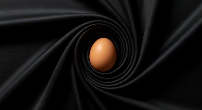 A single brown egg nestled within a dark, swirling vortex of black satin fabric