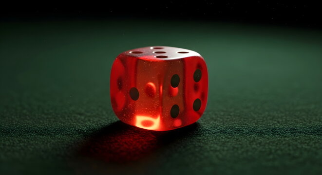 Single Translucent Red Casino Dice on Green Felt Table