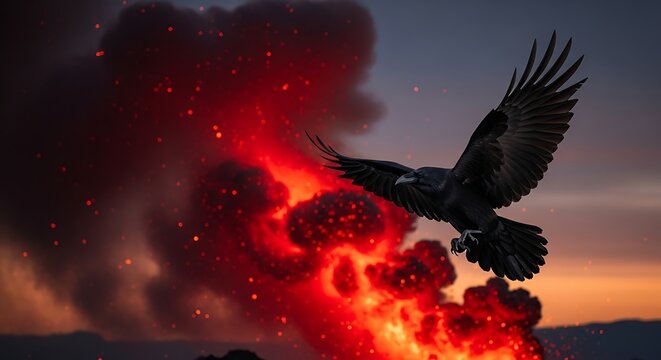 Dark Rook Soaring Over Fiery Lava Burst at Sunset